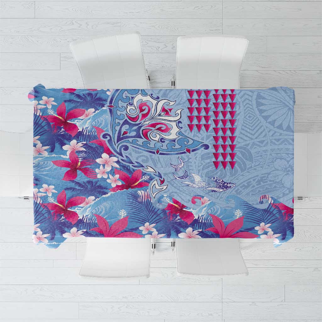 Hawaiian Tribal Manta Ray Tablecloth Kakau Tattoo and Flowers Surfing Waves Pattern Soft Color LT03 Multicolor - Polynesian Pride