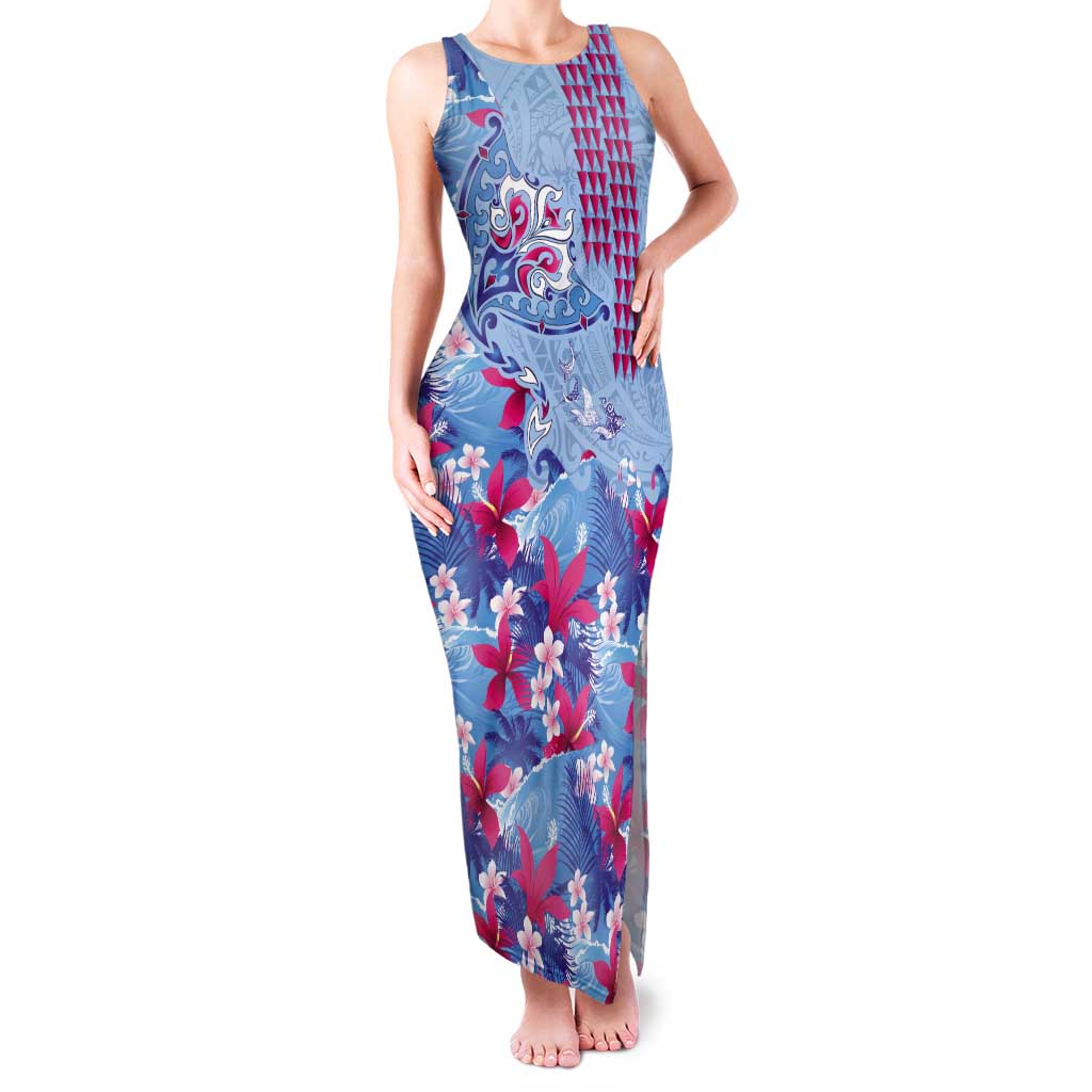 Hawaiian Tribal Manta Ray Tank Maxi Dress Kakau Tattoo and Flowers Surfing Waves Pattern Soft Color LT03 Women Multicolor - Polynesian Pride