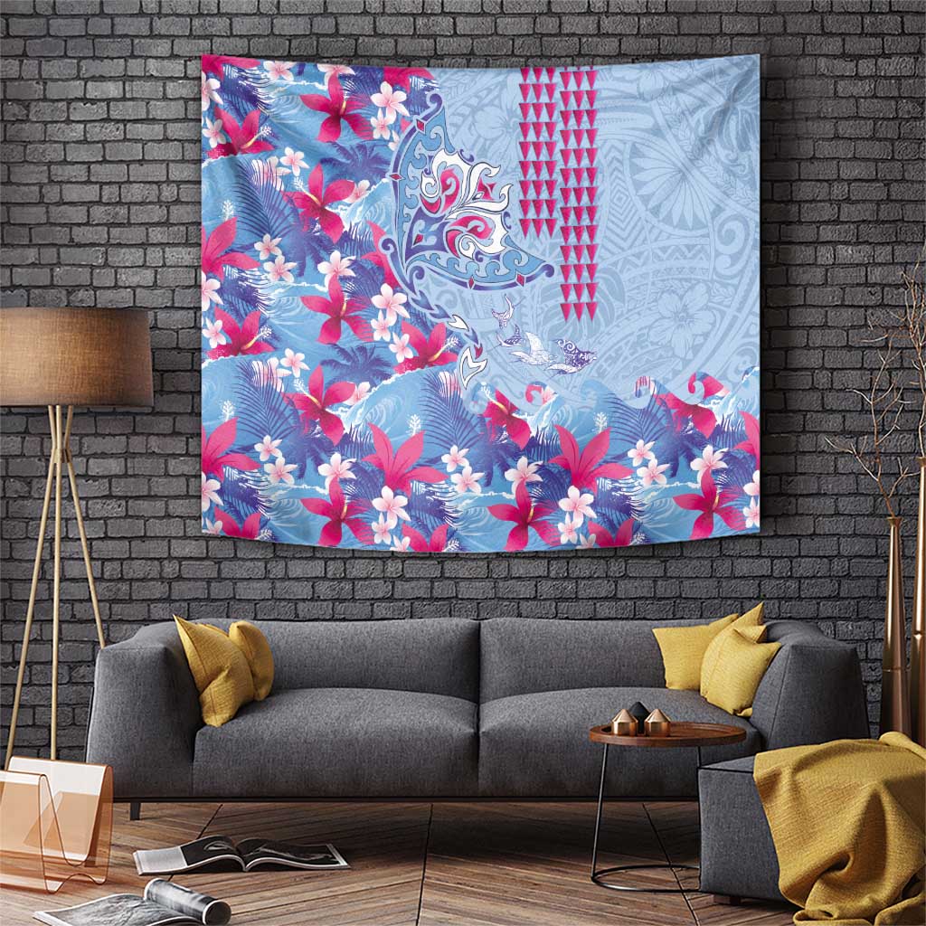 Hawaiian Tribal Manta Ray Tapestry Kakau Tattoo and Flowers Surfing Waves Pattern Soft Color LT03 Multicolor - Polynesian Pride