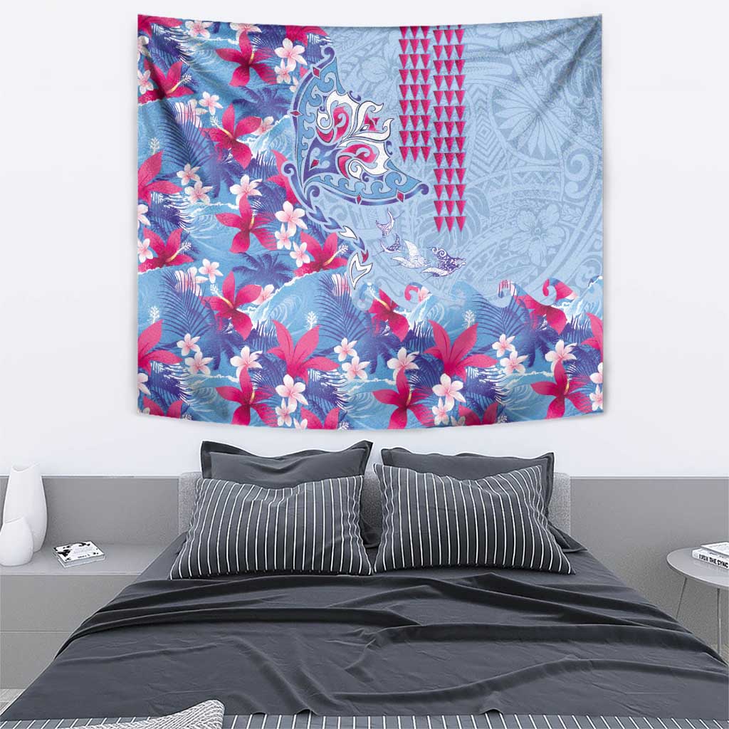Hawaiian Tribal Manta Ray Tapestry Kakau Tattoo and Flowers Surfing Waves Pattern Soft Color LT03 - Polynesian Pride