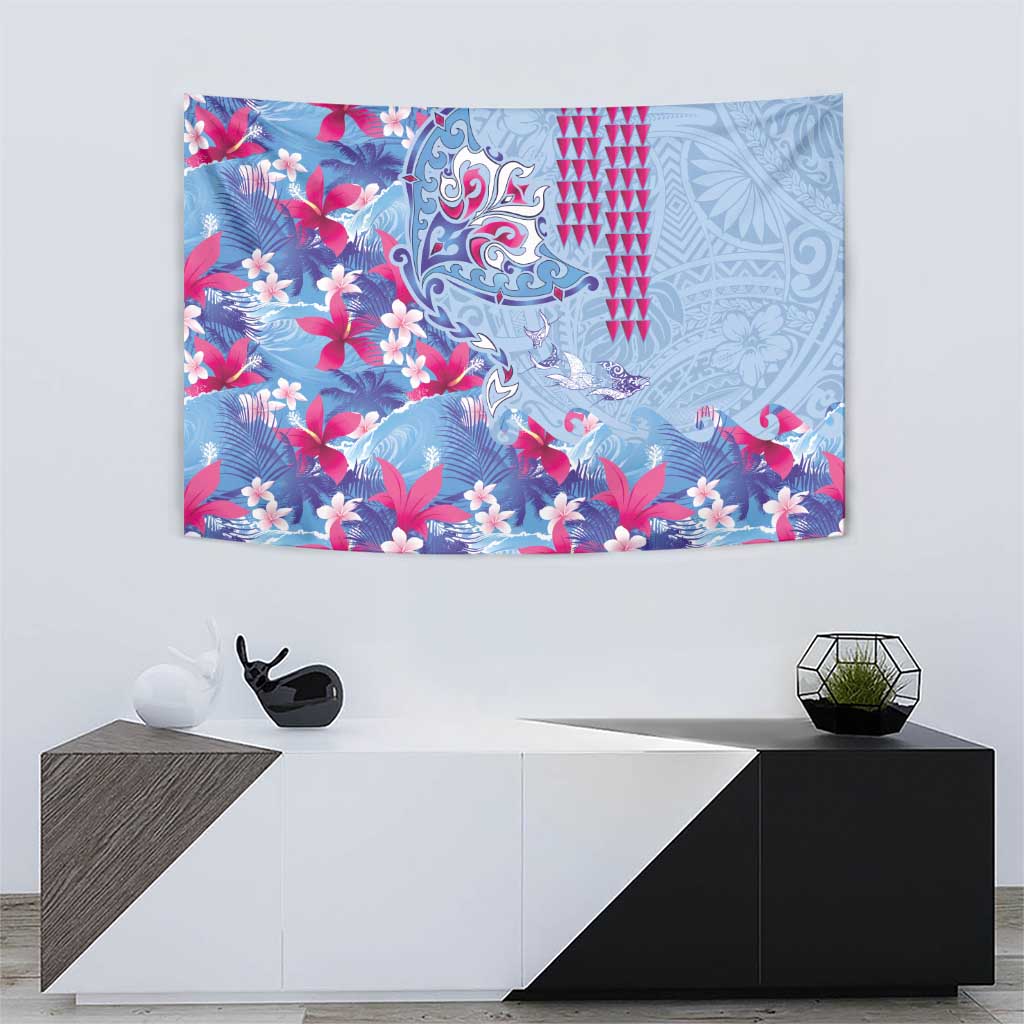 Hawaiian Tribal Manta Ray Tapestry Kakau Tattoo and Flowers Surfing Waves Pattern Soft Color LT03 - Polynesian Pride