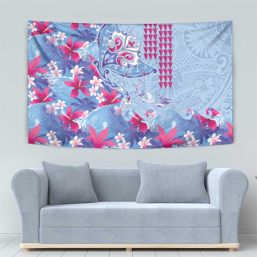 Hawaiian Tribal Manta Ray Tapestry Kakau Tattoo and Flowers Surfing Waves Pattern Soft Color LT03 - Polynesian Pride
