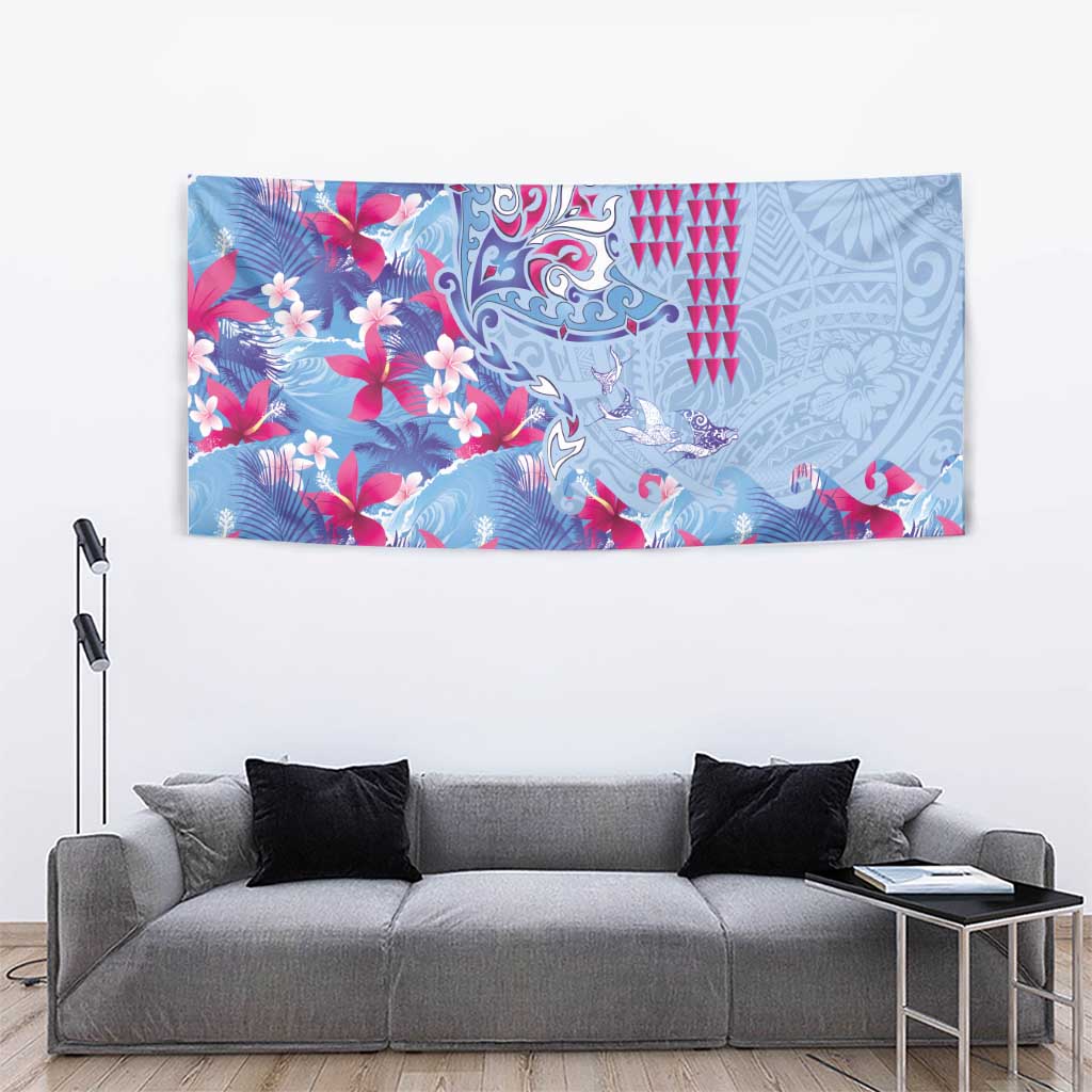 Hawaiian Tribal Manta Ray Tapestry Kakau Tattoo and Flowers Surfing Waves Pattern Soft Color LT03 - Polynesian Pride