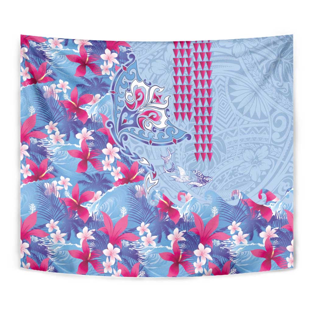 Hawaiian Tribal Manta Ray Tapestry Kakau Tattoo and Flowers Surfing Waves Pattern Soft Color LT03 - Polynesian Pride