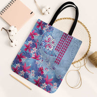 Hawaiian Tribal Manta Ray Tote Bag Kakau Tattoo and Flowers Surfing Waves Pattern Soft Color