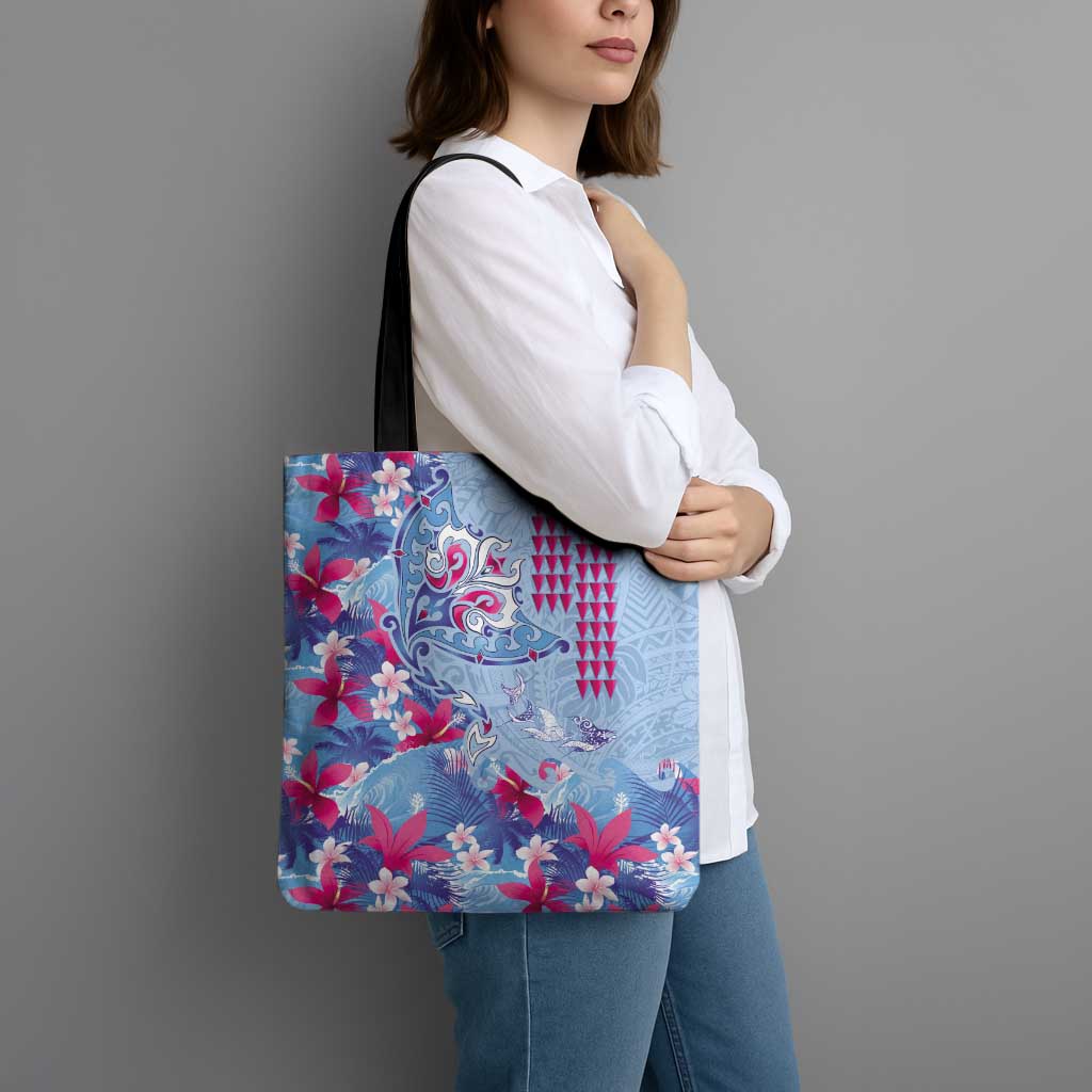 Hawaiian Tribal Manta Ray Tote Bag Kakau Tattoo and Flowers Surfing Waves Pattern Soft Color