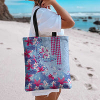 Hawaiian Tribal Manta Ray Tote Bag Kakau Tattoo and Flowers Surfing Waves Pattern Soft Color