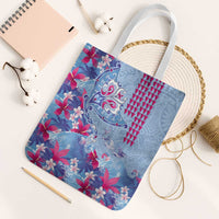 Hawaiian Tribal Manta Ray Tote Bag Kakau Tattoo and Flowers Surfing Waves Pattern Soft Color