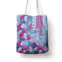 Hawaiian Tribal Manta Ray Tote Bag Kakau Tattoo and Flowers Surfing Waves Pattern Soft Color