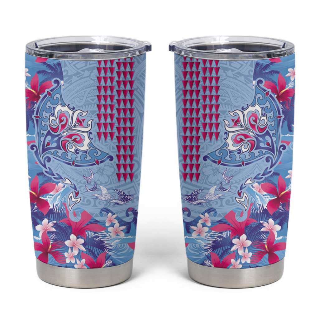 Hawaiian Tribal Manta Ray Tumbler Cup Kakau Tattoo and Flowers Surfing Waves Pattern Soft Color LT03 Multicolor - Polynesian Pride