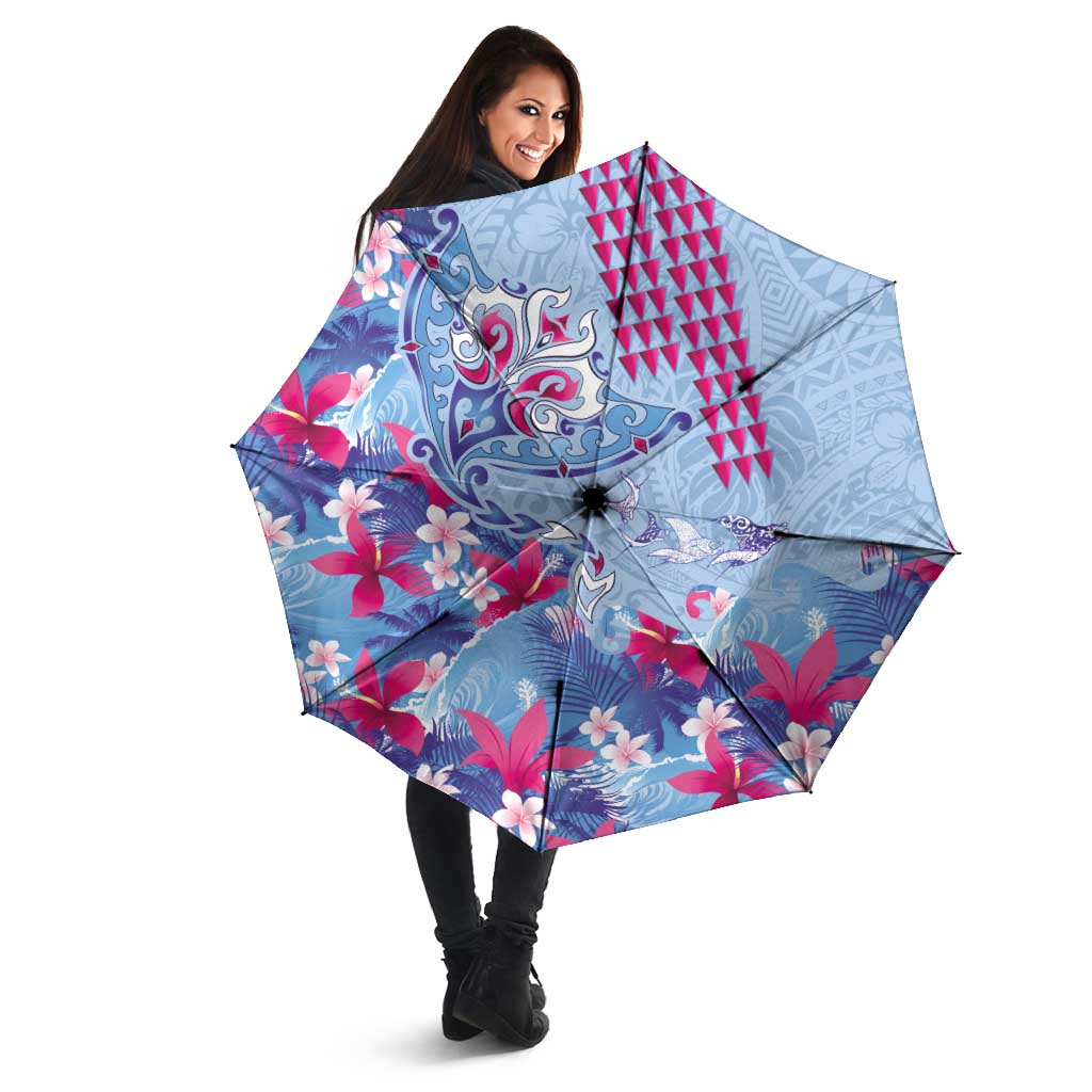 Hawaiian Tribal Manta Ray Umbrella Kakau Tattoo and Flowers Surfing Waves Pattern Soft Color LT03 - Polynesian Pride