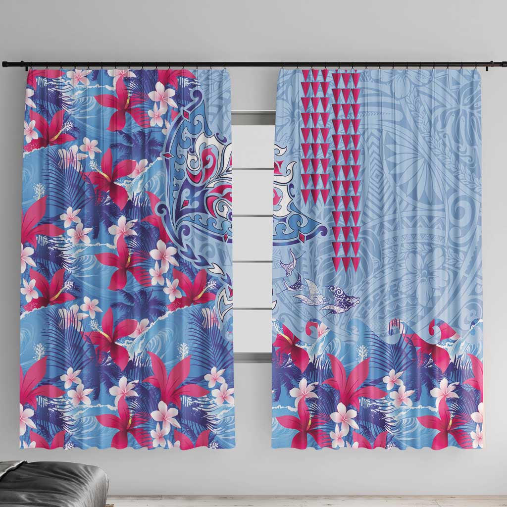 Hawaiian Tribal Manta Ray Window Curtain Kakau Tattoo and Flowers Surfing Waves Pattern Soft Color LT03 With Hooks Multicolor - Polynesian Pride