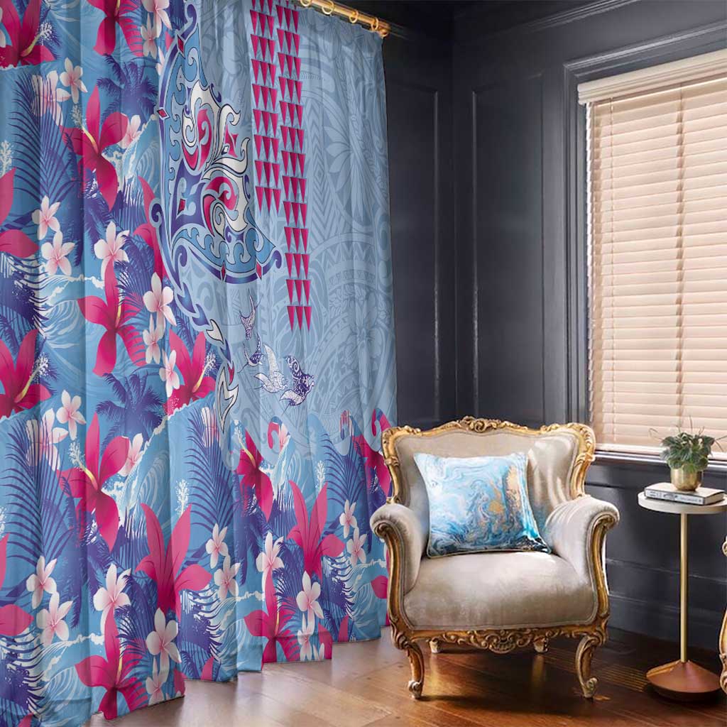 Hawaiian Tribal Manta Ray Window Curtain Kakau Tattoo and Flowers Surfing Waves Pattern Soft Color LT03 - Polynesian Pride