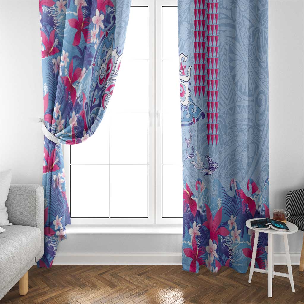 Hawaiian Tribal Manta Ray Window Curtain Kakau Tattoo and Flowers Surfing Waves Pattern Soft Color LT03 - Polynesian Pride