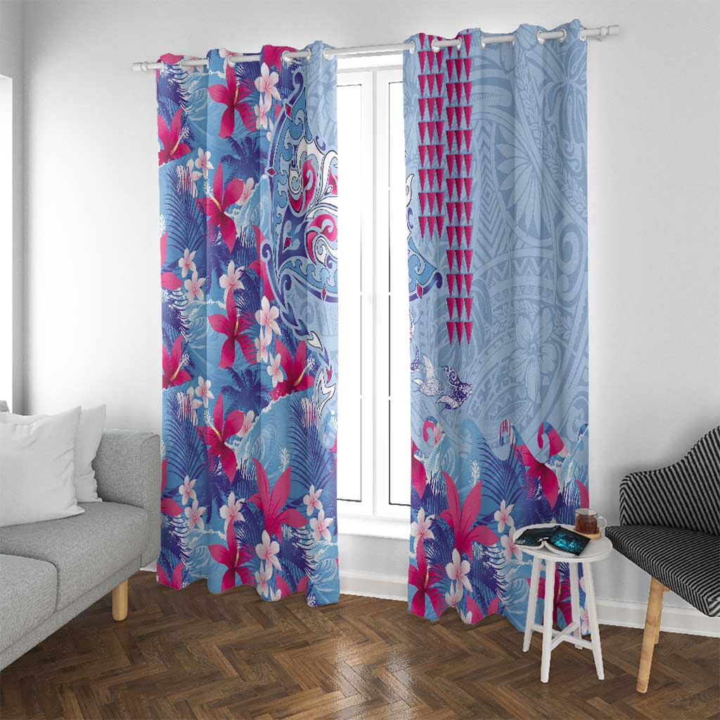 Hawaiian Tribal Manta Ray Window Curtain Kakau Tattoo and Flowers Surfing Waves Pattern Soft Color LT03 With Grommets Multicolor - Polynesian Pride