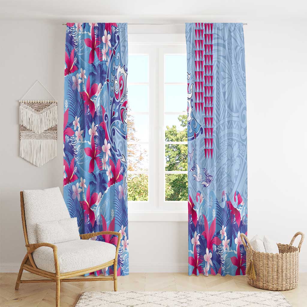 Hawaiian Tribal Manta Ray Window Curtain Kakau Tattoo and Flowers Surfing Waves Pattern Soft Color LT03 - Polynesian Pride