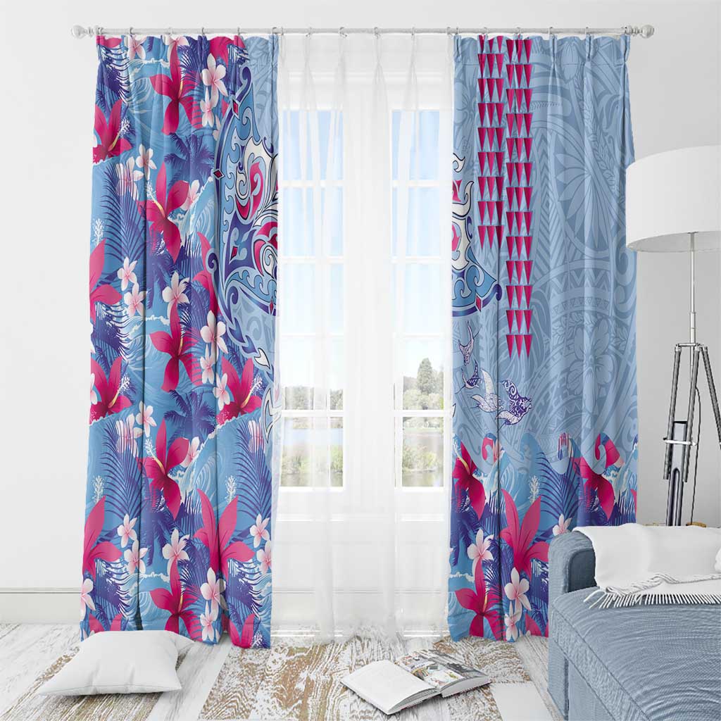 Hawaiian Tribal Manta Ray Window Curtain Kakau Tattoo and Flowers Surfing Waves Pattern Soft Color LT03 - Polynesian Pride