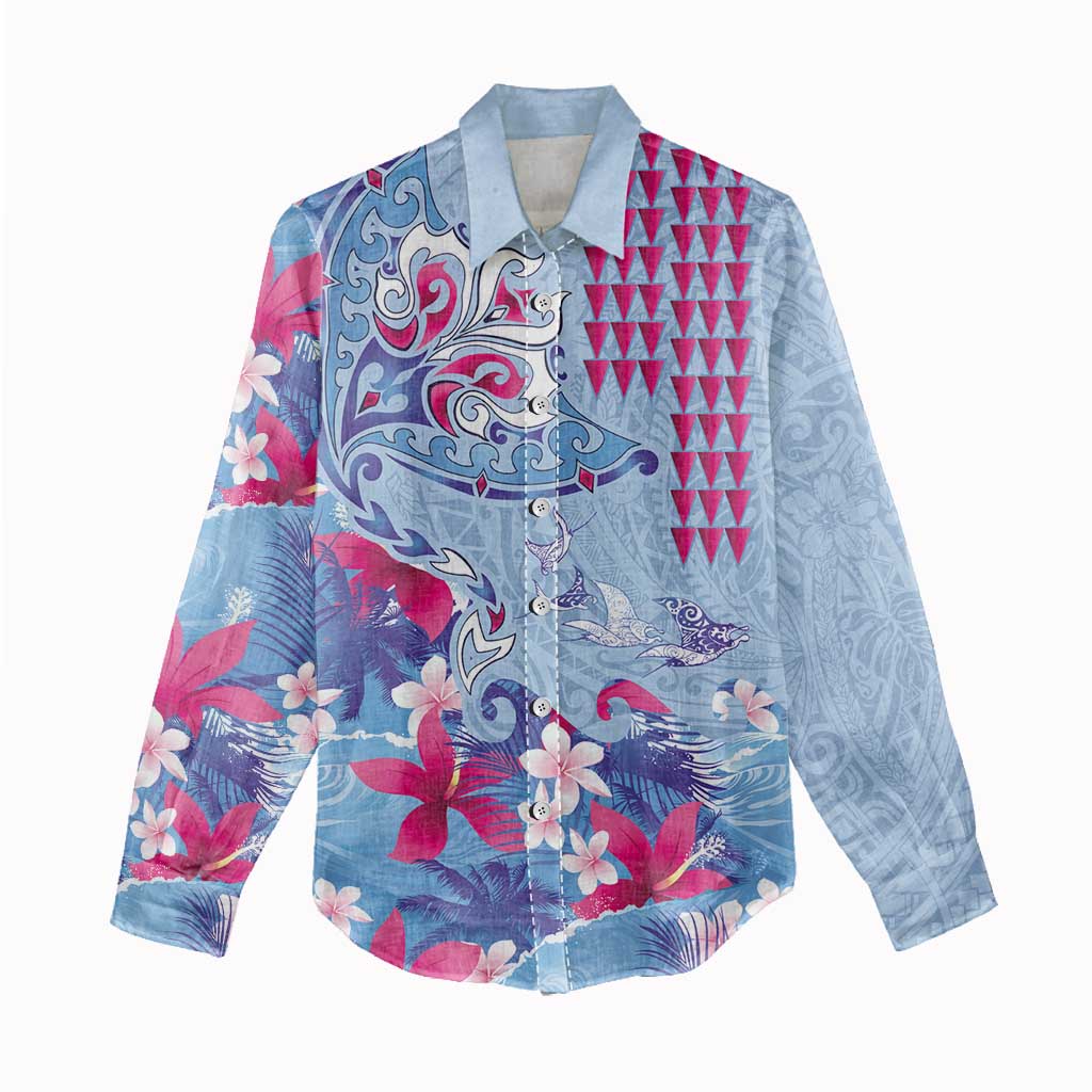 Hawaiian Tribal Manta Ray Women Casual Shirt Kakau Tattoo and Flowers Surfing Waves Pattern Soft Color