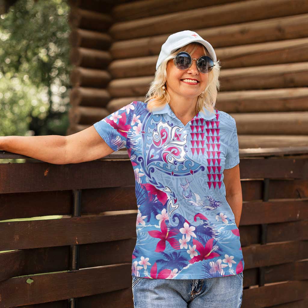 Hawaiian Tribal Manta Ray Women Polo Shirt Kakau Tattoo and Flowers Surfing Waves Pattern Soft Color