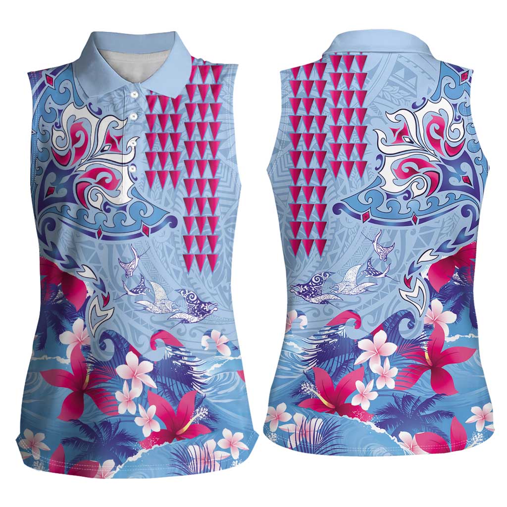 Hawaiian Tribal Manta Ray Women Sleeveless Polo Shirt Kakau Tattoo and Flowers Surfing Waves Pattern Soft Color