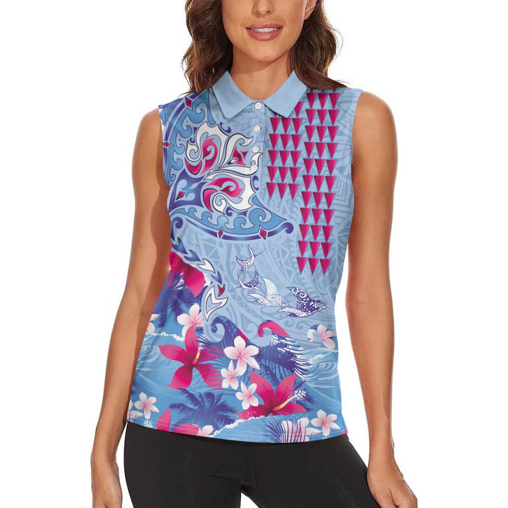 Hawaiian Tribal Manta Ray Women Sleeveless Polo Shirt Kakau Tattoo and Flowers Surfing Waves Pattern Soft Color