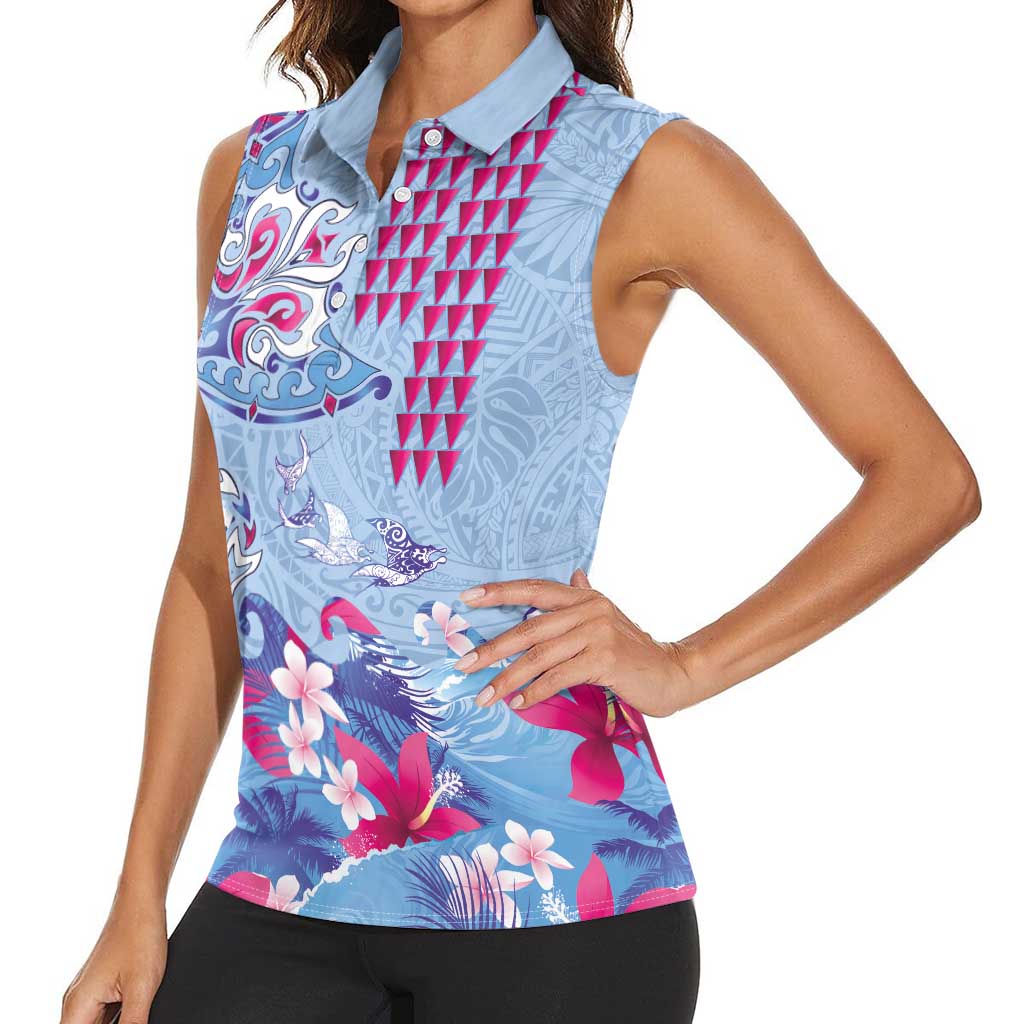 Hawaiian Tribal Manta Ray Women Sleeveless Polo Shirt Kakau Tattoo and Flowers Surfing Waves Pattern Soft Color