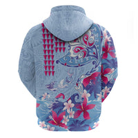 Hawaiian Tribal Manta Ray Zip Hoodie Kakau Tattoo and Flowers Surfing Waves Pattern Soft Color