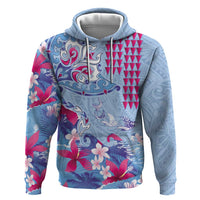 Hawaiian Tribal Manta Ray Zip Hoodie Kakau Tattoo and Flowers Surfing Waves Pattern Soft Color