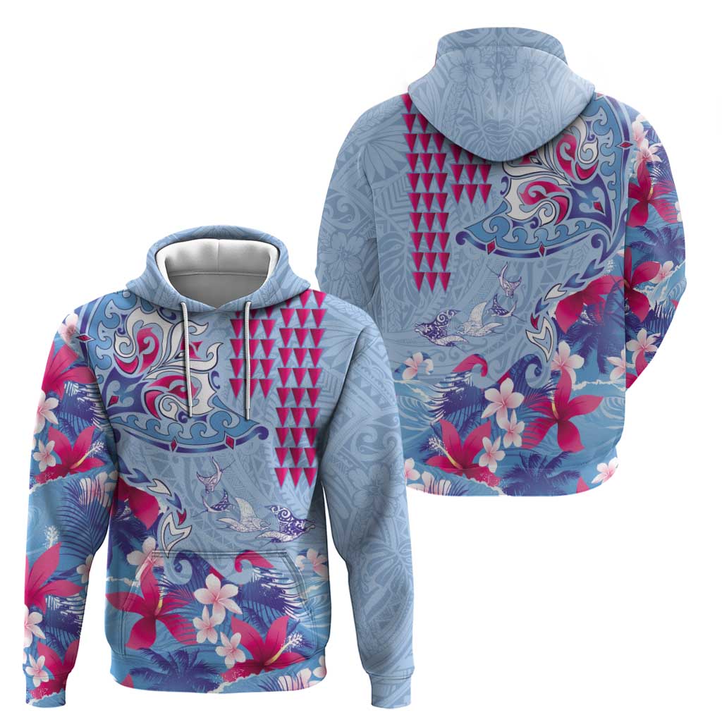 Hawaiian Tribal Manta Ray Zip Hoodie Kakau Tattoo and Flowers Surfing Waves Pattern Soft Color
