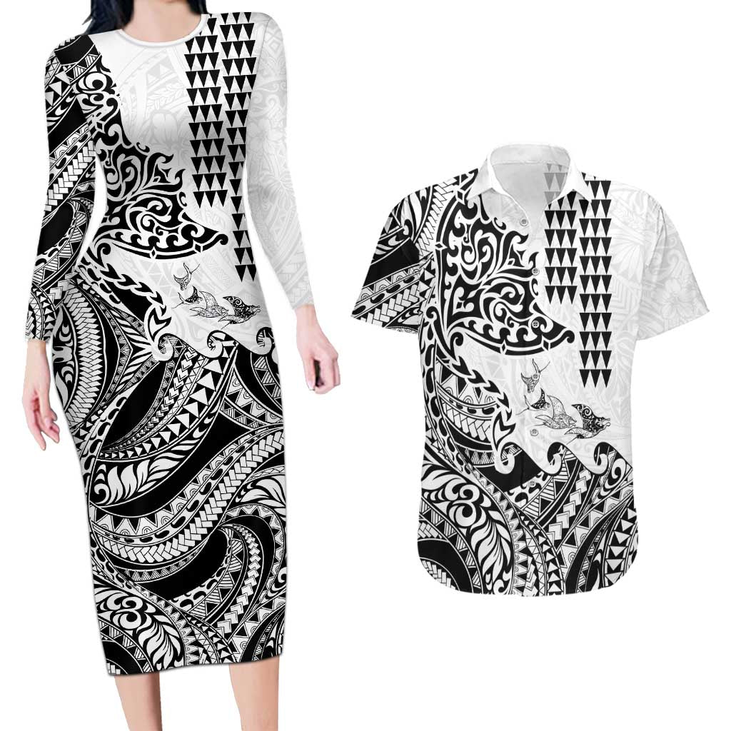 Hawaiian Tribal Manta Ray Couples Matching Long Sleeve Bodycon Dress and Hawaiian Shirt Kakau Tattoo and Polynesian Art Motif Pattern