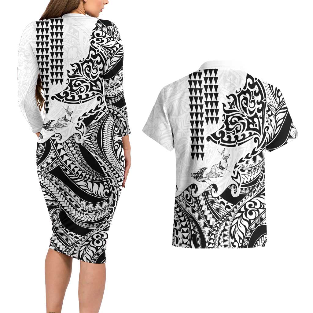 Hawaiian Tribal Manta Ray Couples Matching Long Sleeve Bodycon Dress and Hawaiian Shirt Kakau Tattoo and Polynesian Art Motif Pattern