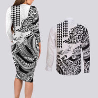 Hawaiian Tribal Manta Ray Couples Matching Long Sleeve Bodycon Dress and Long Sleeve Button Shirt Kakau Tattoo and Polynesian Art Motif Pattern