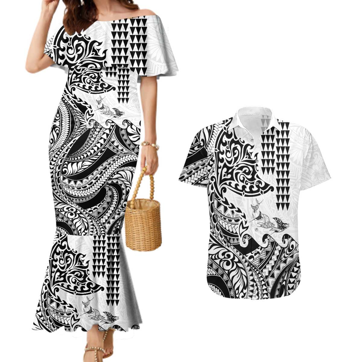 Hawaiian Tribal Manta Ray Couples Matching Mermaid Dress and Hawaiian Shirt Kakau Tattoo and Polynesian Art Motif Pattern