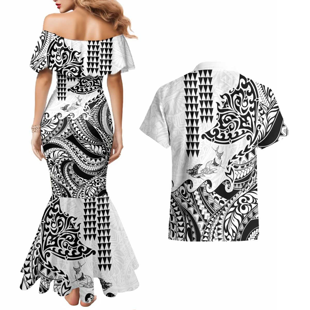 Hawaiian Tribal Manta Ray Couples Matching Mermaid Dress and Hawaiian Shirt Kakau Tattoo and Polynesian Art Motif Pattern