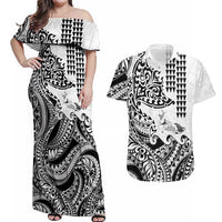Hawaiian Tribal Manta Ray Couples Matching Off Shoulder Maxi Dress and Hawaiian Shirt Kakau Tattoo and Polynesian Art Motif Pattern