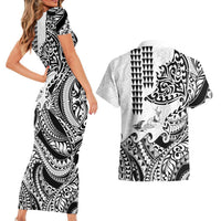Hawaiian Tribal Manta Ray Couples Matching Short Sleeve Bodycon Dress and Hawaiian Shirt Kakau Tattoo and Polynesian Art Motif Pattern