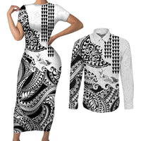 Hawaiian Tribal Manta Ray Couples Matching Short Sleeve Bodycon Dress and Long Sleeve Button Shirt Kakau Tattoo and Polynesian Art Motif Pattern