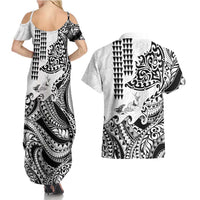 Hawaiian Tribal Manta Ray Couples Matching Summer Maxi Dress and Hawaiian Shirt Kakau Tattoo and Polynesian Art Motif Pattern