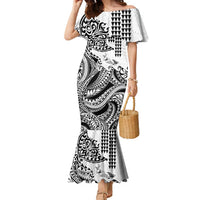 Hawaiian Tribal Manta Ray Family Matching Mermaid Dress and Hawaiian Shirt Kakau Tattoo and Polynesian Art Motif Pattern