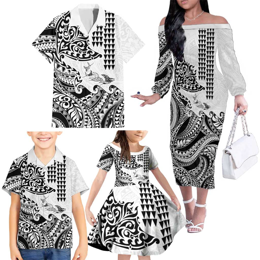 Hawaiian Tribal Manta Ray Family Matching Off The Shoulder Long Sleeve Dress and Hawaiian Shirt Kakau Tattoo and Polynesian Art Motif Pattern