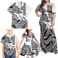Hawaiian Tribal Manta Ray Family Matching Off Shoulder Maxi Dress and Hawaiian Shirt Kakau Tattoo and Polynesian Art Motif Pattern