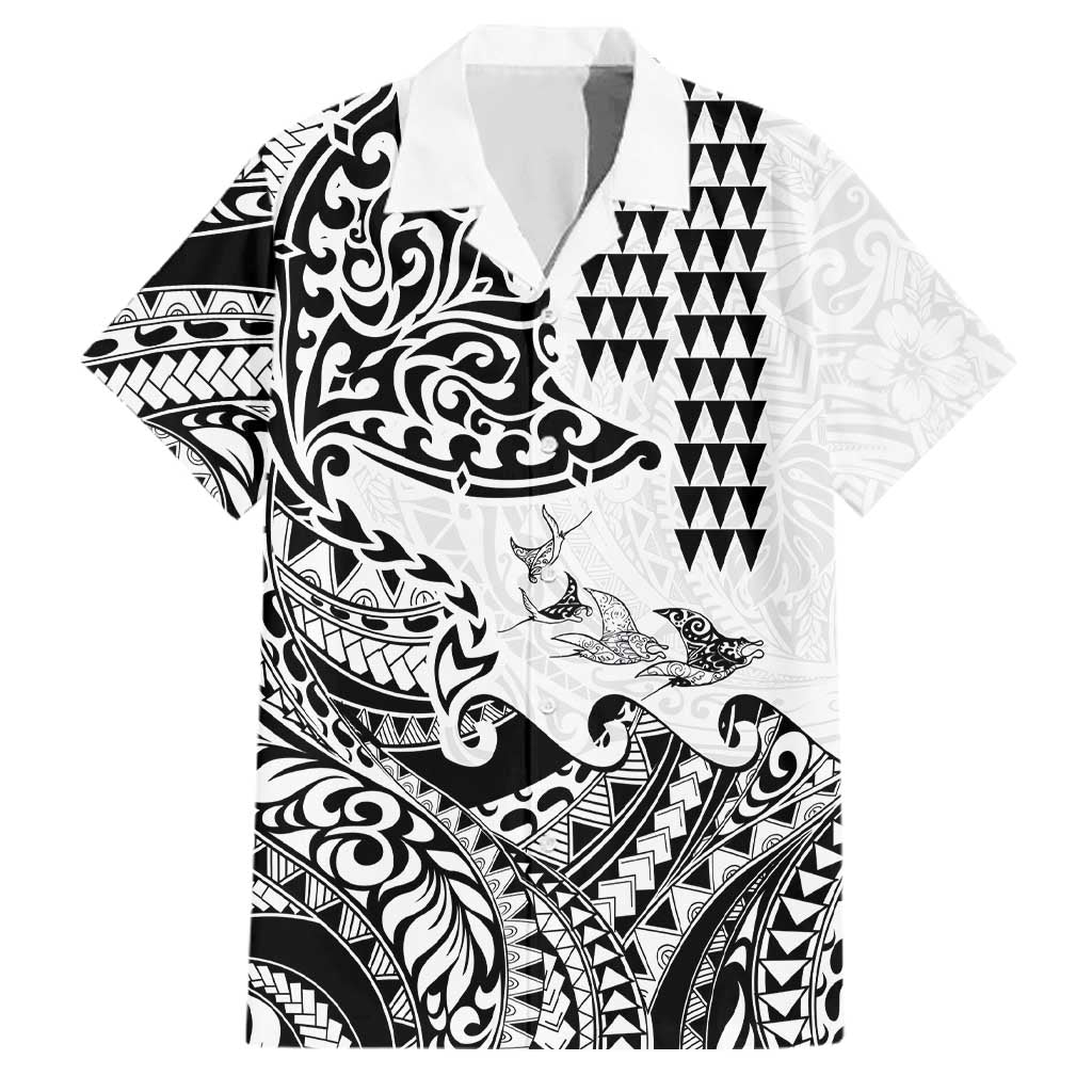 Hawaiian Tribal Manta Ray Family Matching Off Shoulder Maxi Dress and Hawaiian Shirt Kakau Tattoo and Polynesian Art Motif Pattern