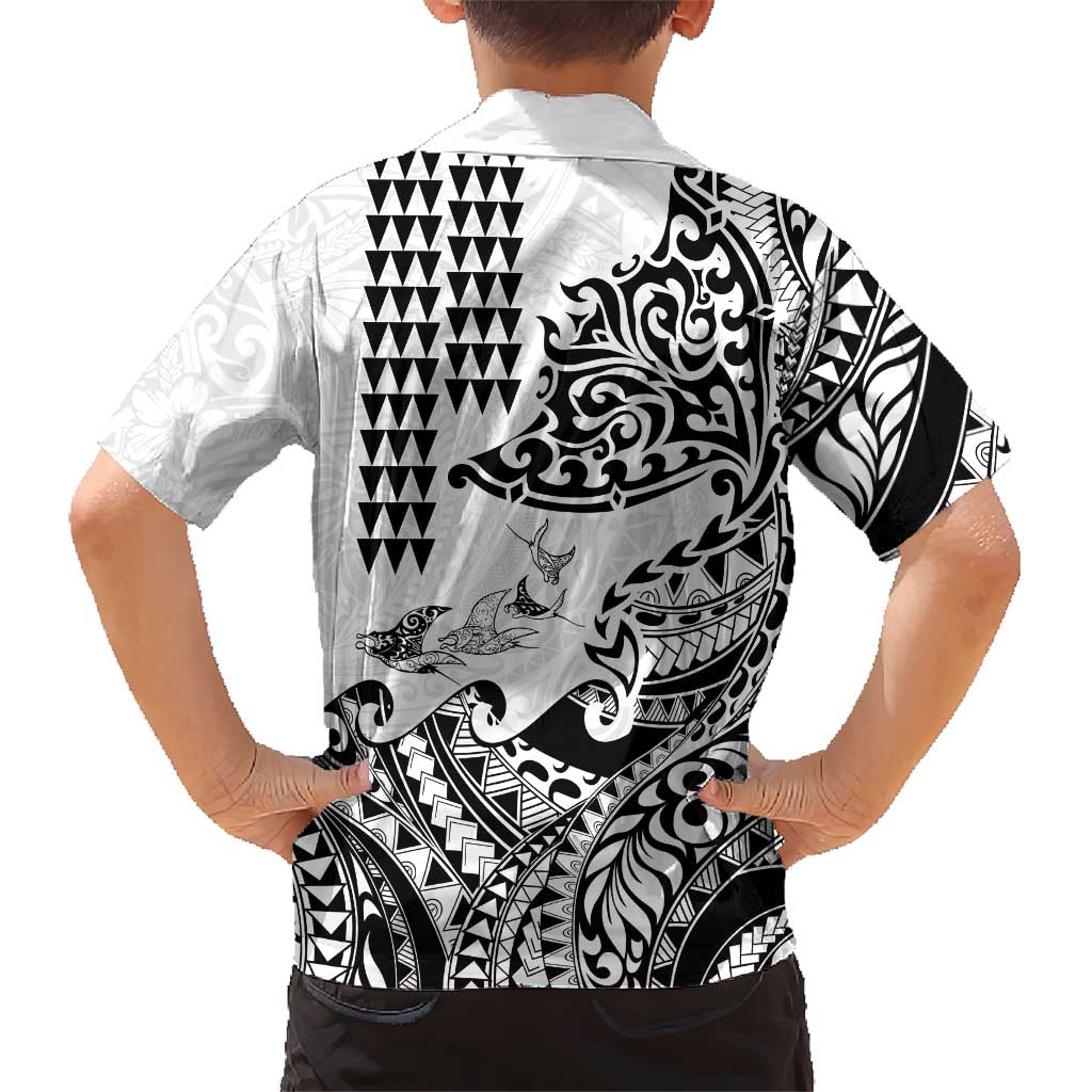Hawaiian Tribal Manta Ray Family Matching Off Shoulder Short Dress and Hawaiian Shirt Kakau Tattoo and Polynesian Art Motif Pattern
