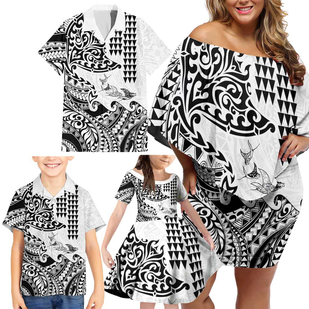 Hawaiian Tribal Manta Ray Family Matching Off Shoulder Short Dress and Hawaiian Shirt Kakau Tattoo and Polynesian Art Motif Pattern