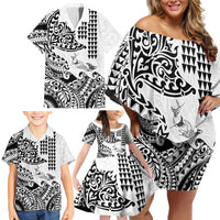 Hawaiian Tribal Manta Ray Family Matching Off Shoulder Short Dress and Hawaiian Shirt Kakau Tattoo and Polynesian Art Motif Pattern