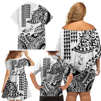 Hawaiian Tribal Manta Ray Family Matching Off Shoulder Short Dress and Hawaiian Shirt Kakau Tattoo and Polynesian Art Motif Pattern