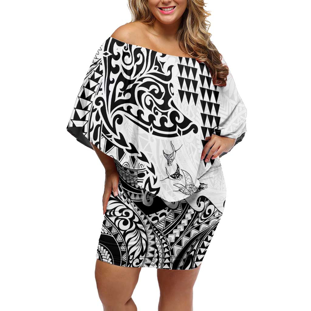 Hawaiian Tribal Manta Ray Family Matching Off Shoulder Short Dress and Hawaiian Shirt Kakau Tattoo and Polynesian Art Motif Pattern