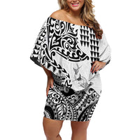 Hawaiian Tribal Manta Ray Family Matching Off Shoulder Short Dress and Hawaiian Shirt Kakau Tattoo and Polynesian Art Motif Pattern