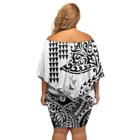 Hawaiian Tribal Manta Ray Family Matching Off Shoulder Short Dress and Hawaiian Shirt Kakau Tattoo and Polynesian Art Motif Pattern