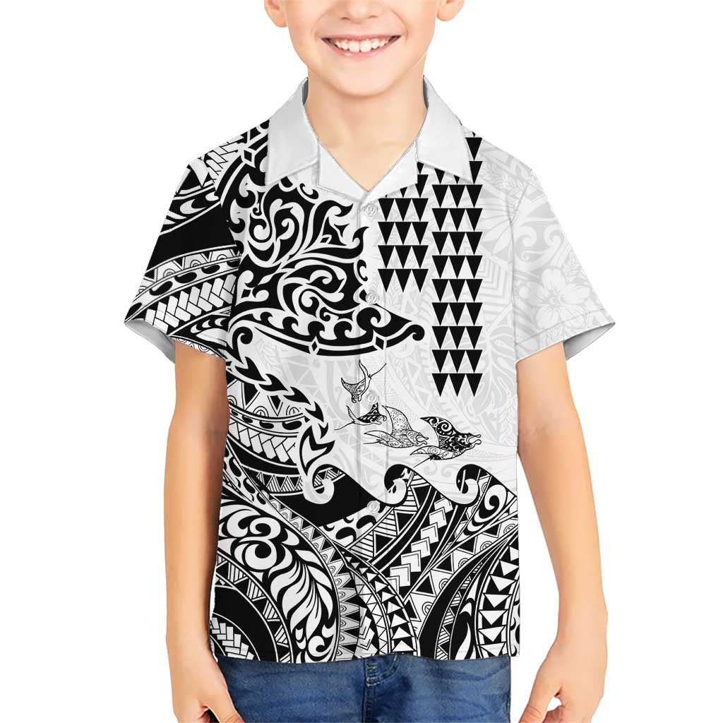 Hawaiian Tribal Manta Ray Family Matching Off Shoulder Short Dress and Hawaiian Shirt Kakau Tattoo and Polynesian Art Motif Pattern